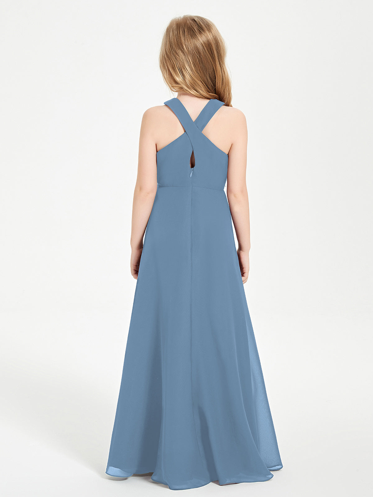 Grecian Neckline Long Dresses for Junior Bridesmaids Slate Blue